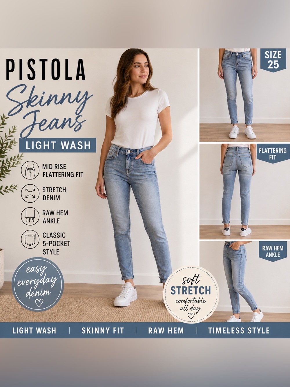 Pistola Light Wash Skinny Jeans Size 25 Raw Hem Stretch Mid Rise